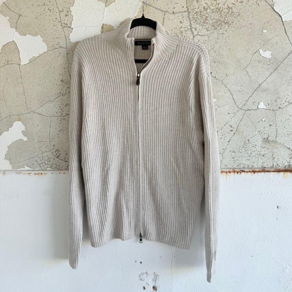 Kenneth Roberts Cardigan Sweater 100% Wool Ribbed Full Zip Mock Neck Beige Men L